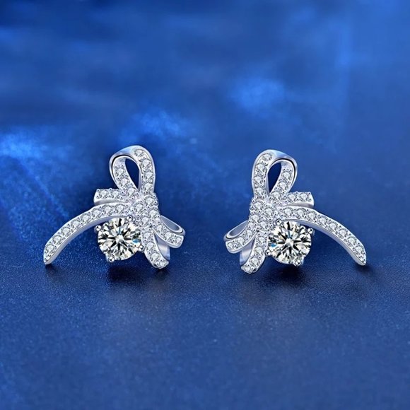 Certified 1ct. t.w. Diamond Bow Earrings 18k White Gold over Italian Silver - Picture 3 of 16